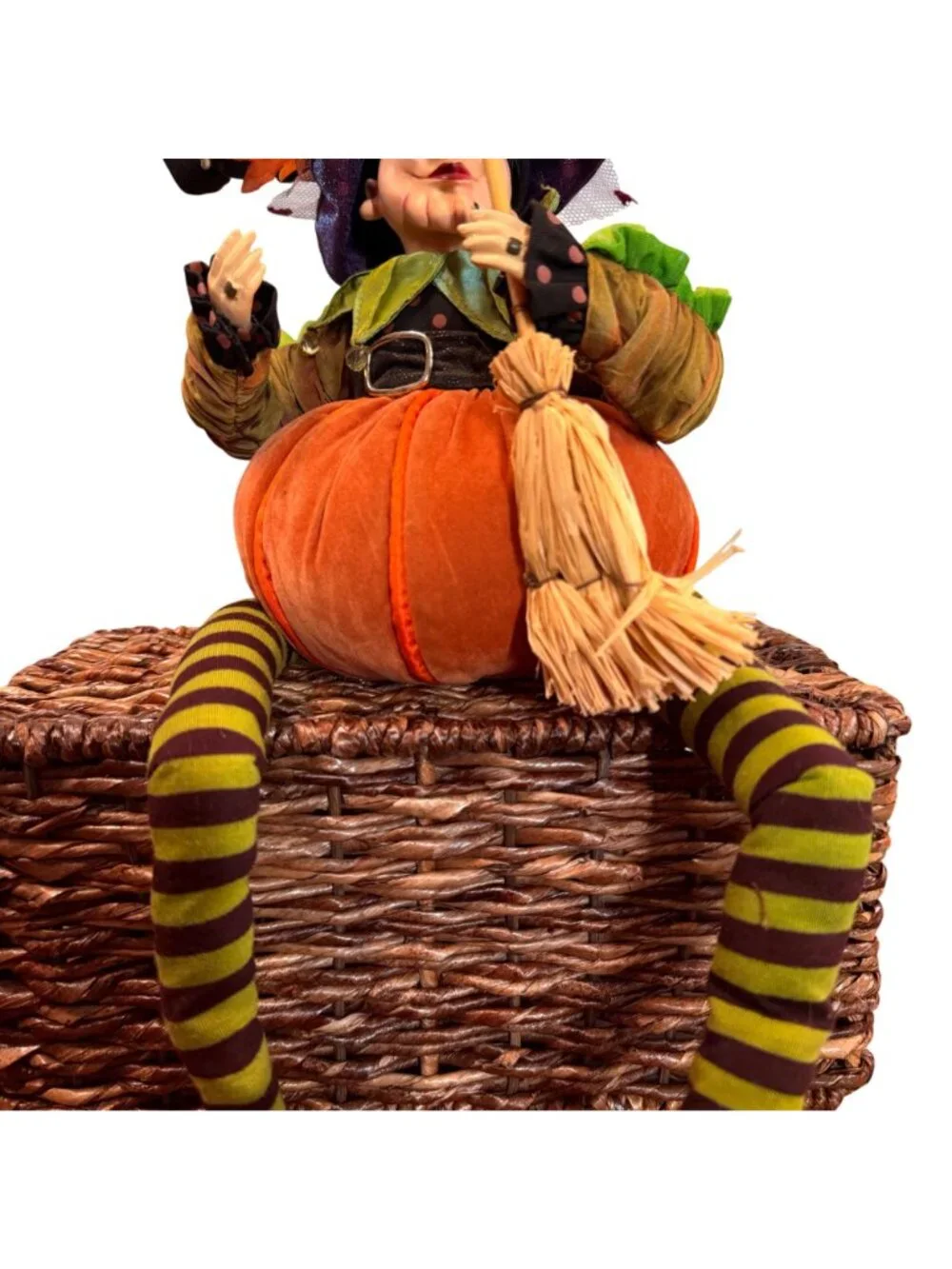 Rare find! Whimsical Halloween Pumpkin Witch Shelf Sitter Doll | Long Striped Le